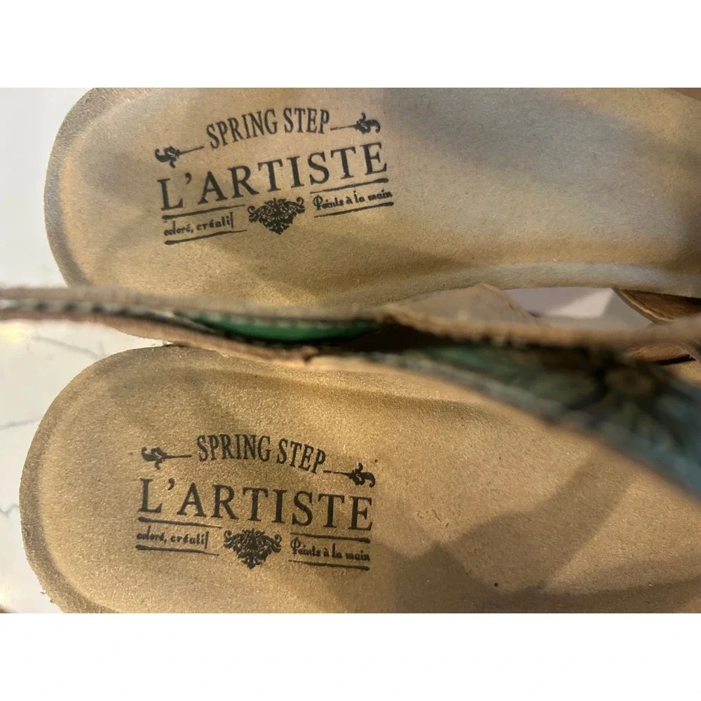 L'Artiste Quilana Sandals Green Leather Hand Painted Floral Wedge Boho Shoes 39